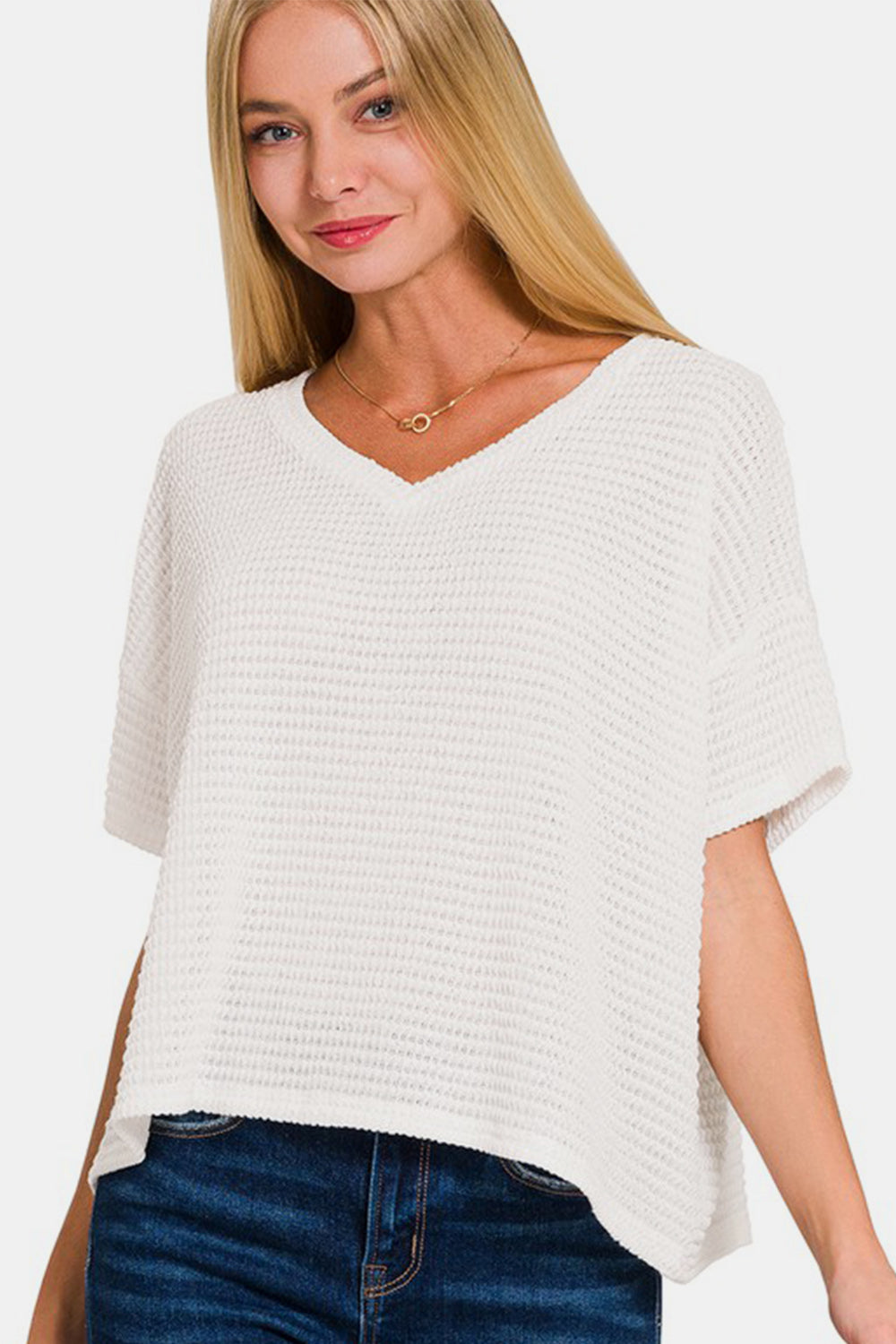 Zenana Drop Shoulder Short Sleeve Jacquard Knit Top