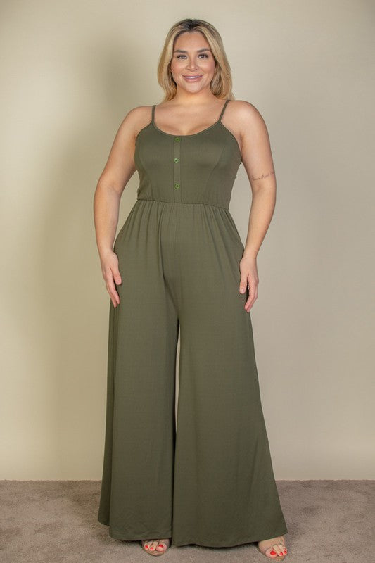 Plus Size Button Front Wide Leg Jumpsuit