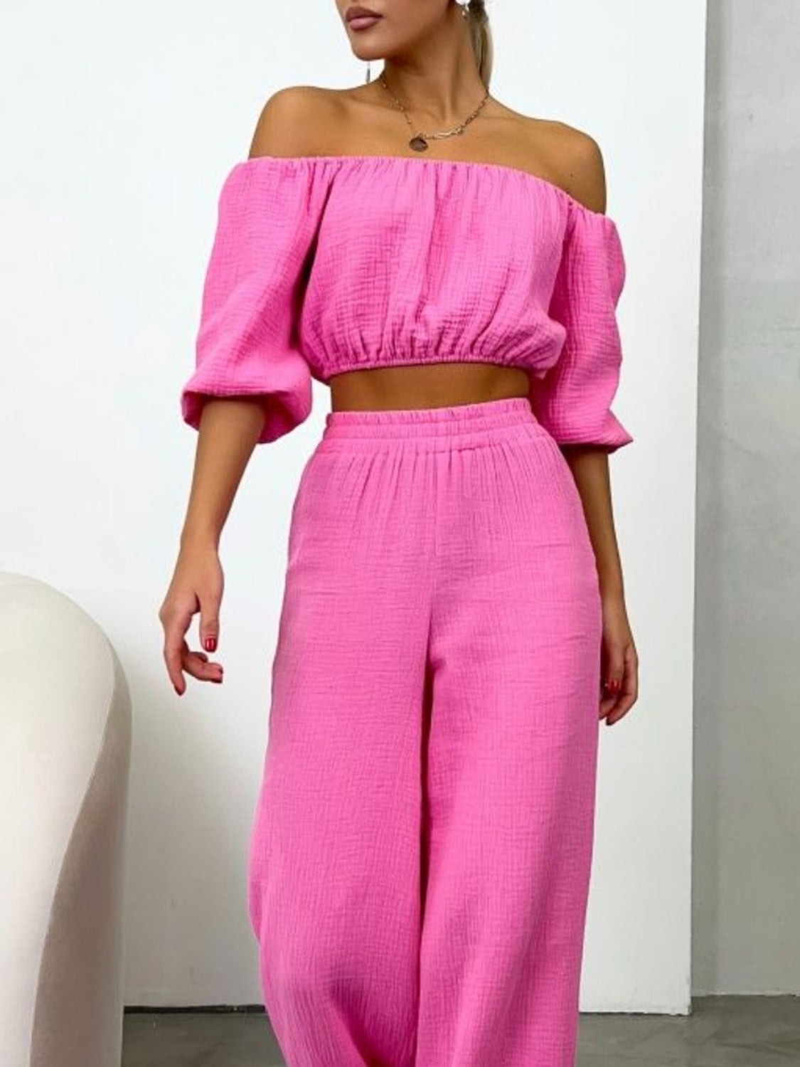 Off Shoulder Long Sleeve Top and Pants Set