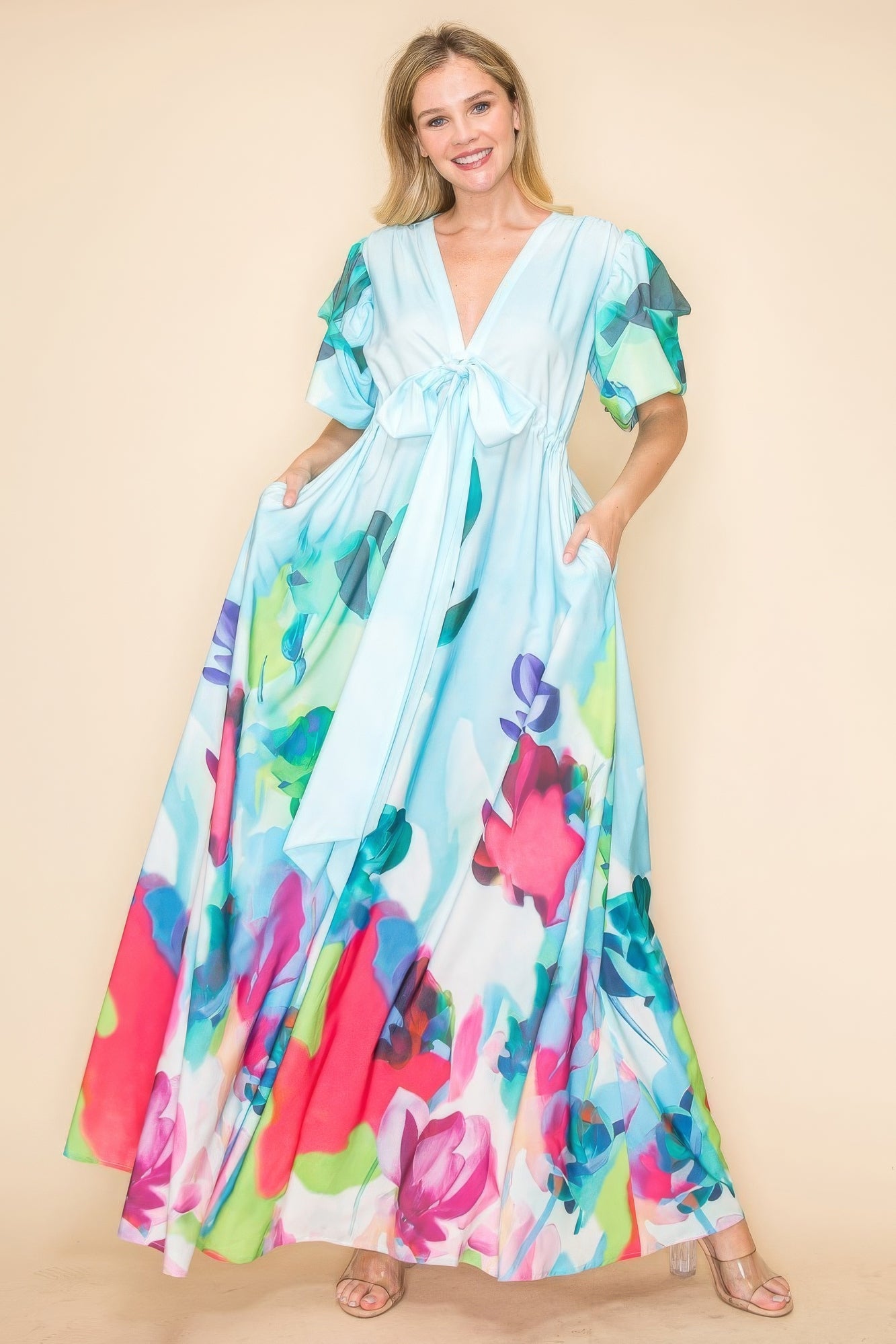 Printed V Neck Maxi Dress